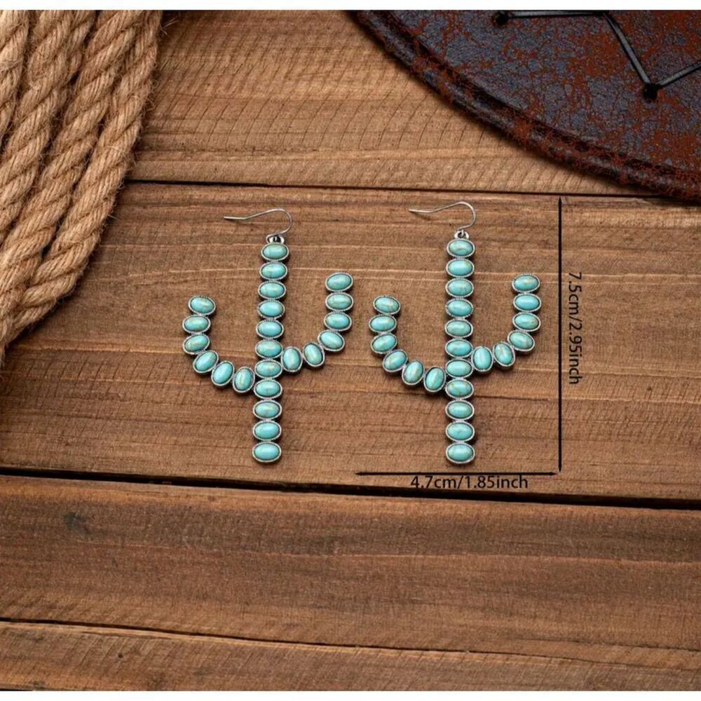 Western Turquoise Cactus Dangle Earrings Rodeo Festival Aztec Ethnic - Picture 4 of 5